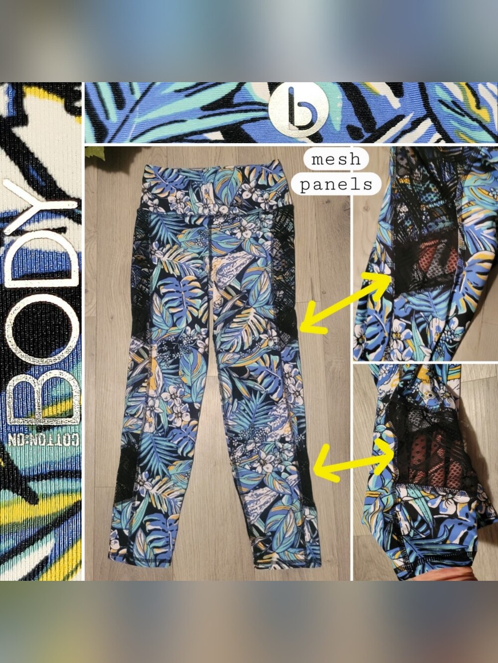 Cotton On Body Tropical Blue Floral Athletic Crop Pant& Black Mesh Panels -Small